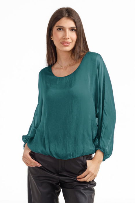 Bluza dama cu maneca fluture din matase si vascoza, turcoaz inchis