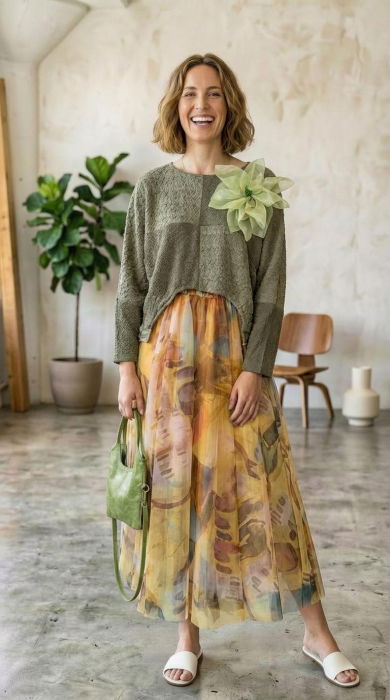 Bluza dama lejera din material gofrat de vascoza cu floare decorativa, verde kaki [3]