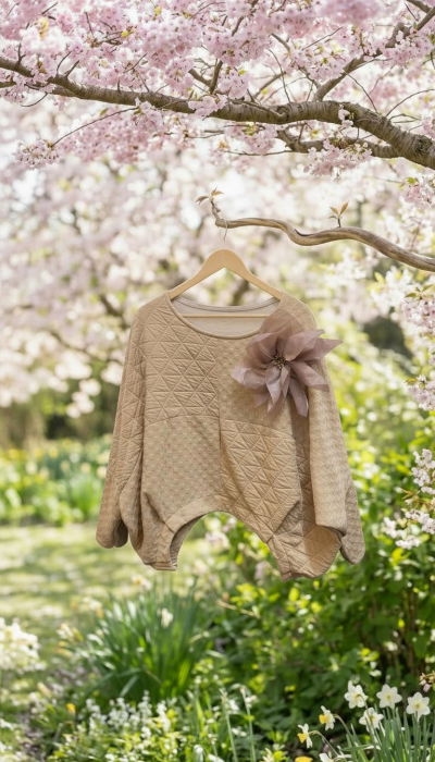 Bluza dama lejera din material gofrat de vascoza cu floare decorativa, bej [2]