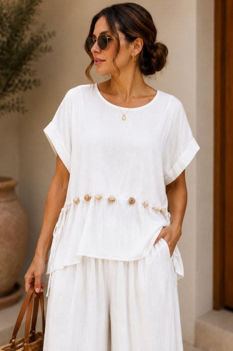 Bluza dama lejera din vascoza bluza cu margele, alba