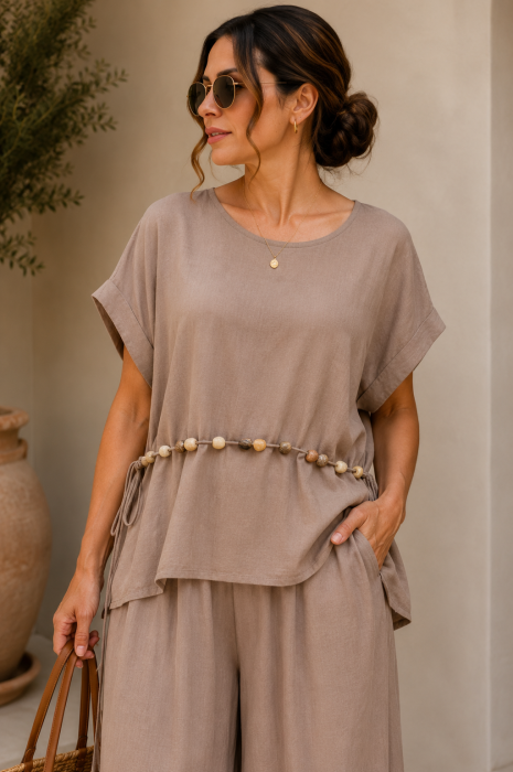 Bluza dama lejera din vascoza bluza cu margele, bej fango