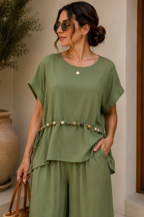 Bluza dama lejera din vascoza bluza cu margele, kaki