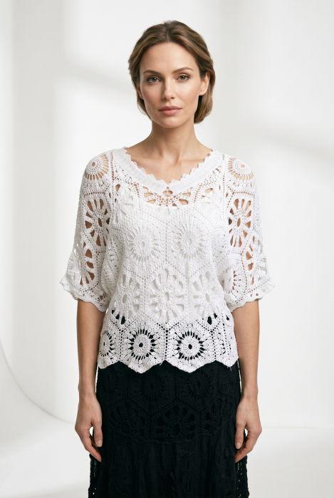 Bluza de vara cu broderie din bumbac, croi lejer, alba