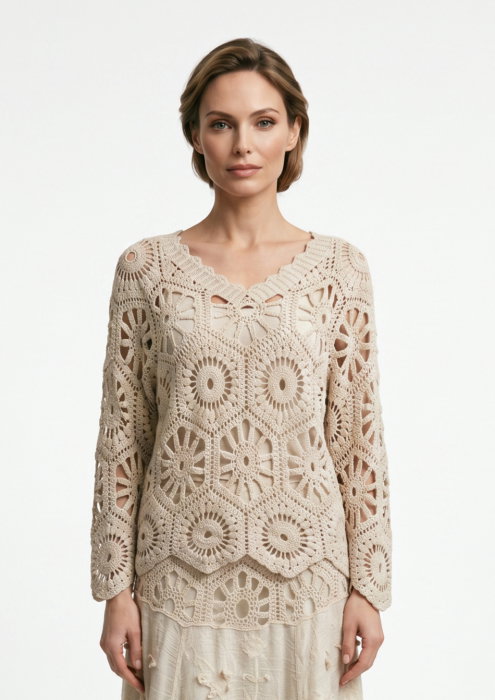 Bluza de vara cu broderie din bumbac, croi lejer, bej