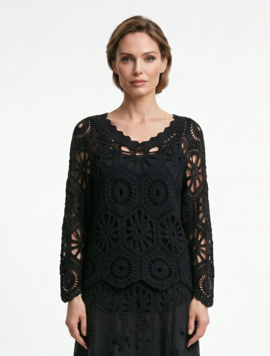 Bluza de vara cu broderie din bumbac, croi lejer, neagra