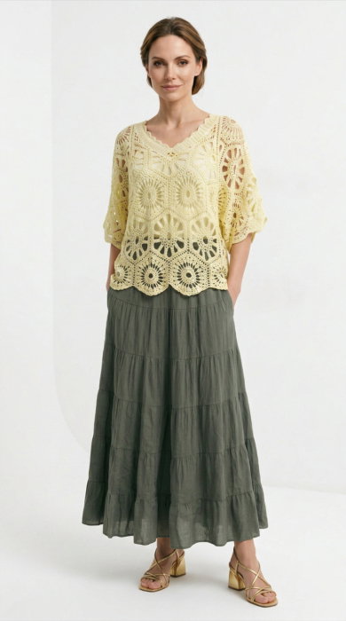 Bluza de vara cu broderie din bumbac, croi lejer, galbena