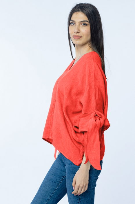 Bluza de vara cu funde, din in, oversize, corai [2]