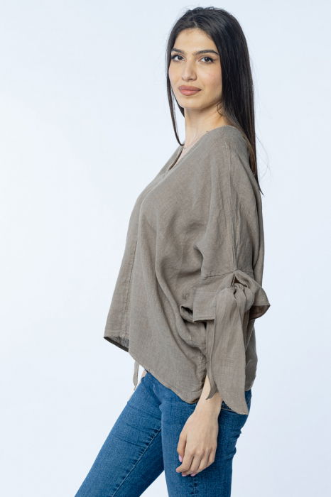 Bluza de vara cu funde, din in, oversize, bej inchis [2]