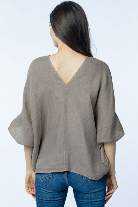 Bluza de vara cu funde, din in, oversize, bej inchis [3]