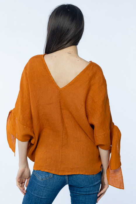 Bluza de vara cu funde, din in, oversize, caramizie [2]