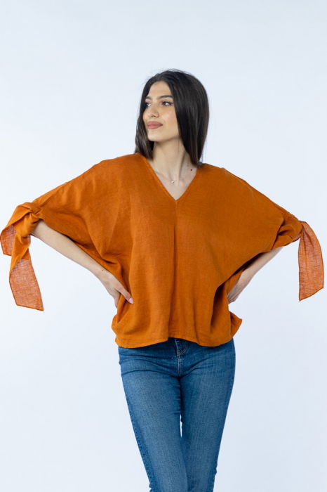 Bluza de vara cu funde, din in, oversize, caramizie [3]