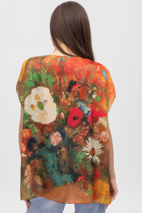 Bluza de vara tip poncho din matase cu imprimeu floral pictural [2]