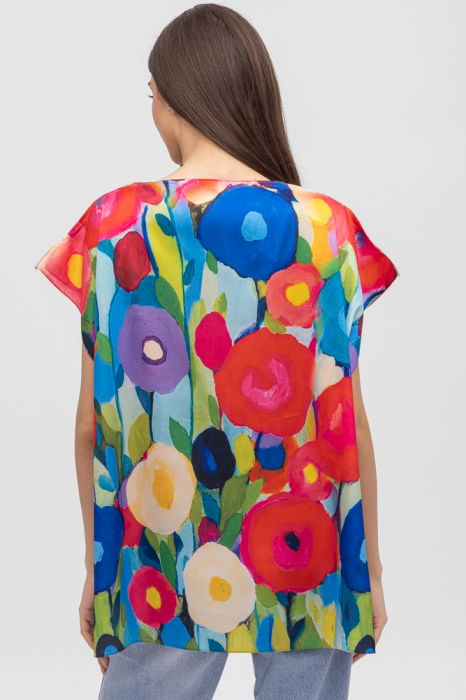 Bluza de vara tip poncho din matase cu imprimeu flori picturale [2]