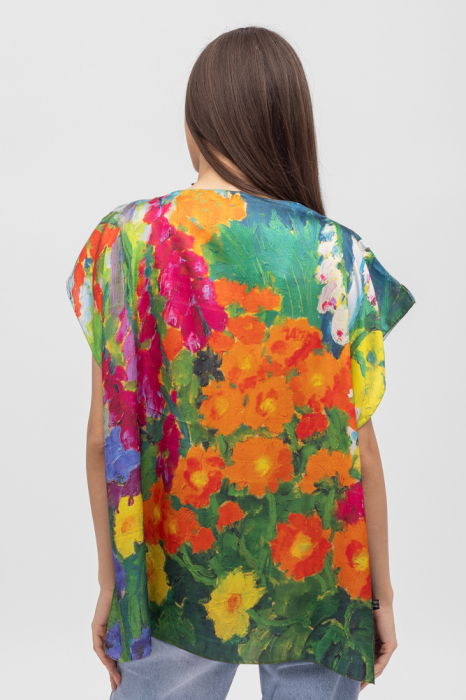 Bluza de vara tip poncho din matase cu imprimeu flori rosii [2]