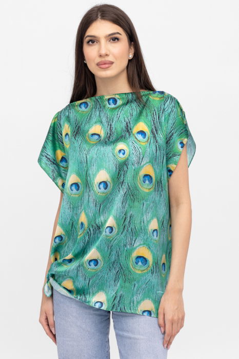 Bluza de vara tip poncho din matase cu imprimeu coada de paun