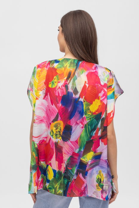 Bluza de vara tip poncho din matase cu imprimeu floral pensulat [2]