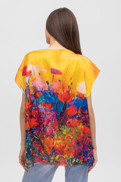 Bluza de vara tip poncho din matase cu imprimeu maci rosii [2]