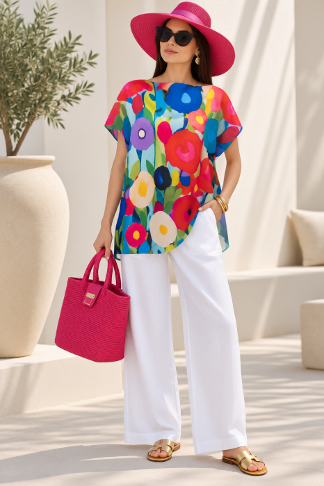 Bluza de vara tip poncho din matase cu imprimeu flori picturale