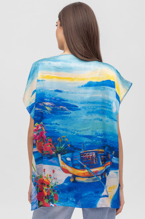 Bluza de vara tip poncho din matase cu imprimeu marin cu barca [2]