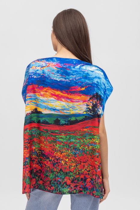 Bluza de vara tip poncho din matase imprimata cu reproduceri dupa picturi celebre cu motive florale [2]