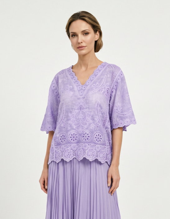 Bluza din bumbac brodat cu decolteu in V si maneci evazate, eleganta, lila