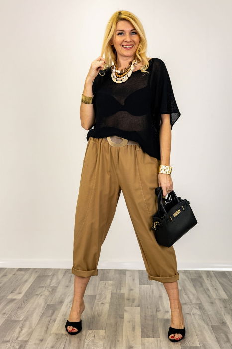 Bluza din bumbac tricotat cu maneca scurta kimono, negru [6]