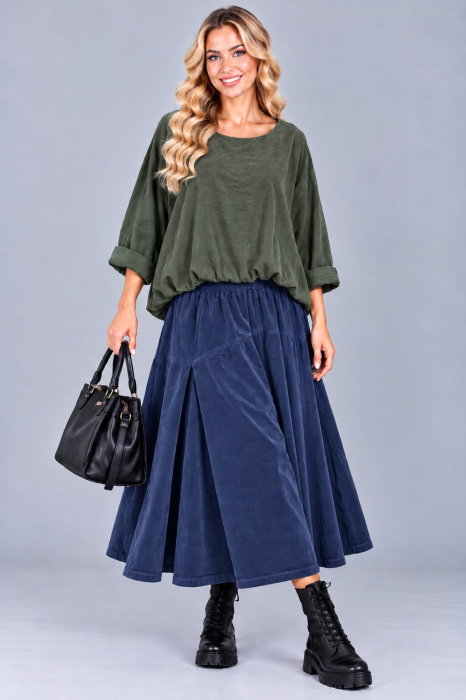 Bluza din catifea reiata fina de bumbac, cu efect bluzat si croi lejer, kaki — Stella Milani, Bluze