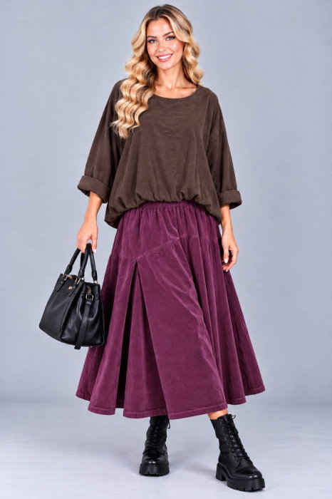Bluza din catifea reiata fina de bumbac, cu efect bluzat si croi lejer, maro — Stella Milani, Bluze