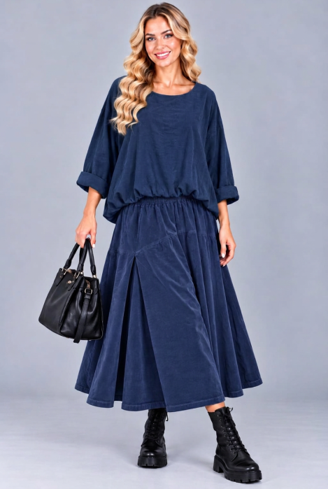 Bluza din catifea reiata fina de bumbac, cu efect bluzat si croi lejer, bleumarin — Stella Milani, Bluze