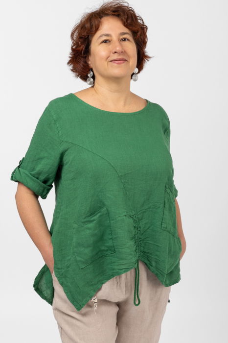 Bluza din in verde, asimetrica, cu siret pe fata