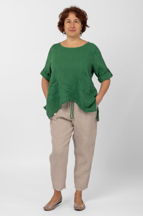 Bluza din in verde, asimetrica, cu siret pe fata [6]