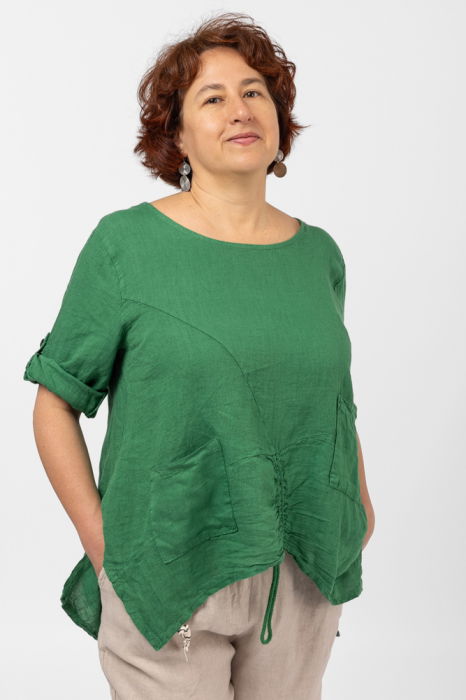 Bluza din in verde, asimetrica, cu siret pe fata [2]