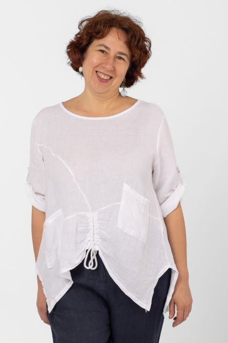 Bluza din in alba, asimetrica, cu siret pe fata