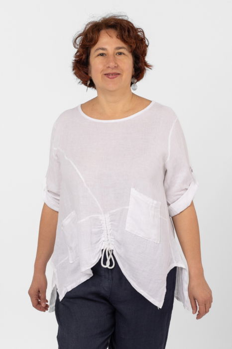 Bluza din in alba, asimetrica, cu siret pe fata [4]