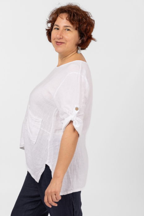 Bluza din in alba, asimetrica, cu siret pe fata [2]