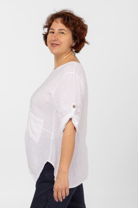 Bluza din in alba, asimetrica, cu siret pe fata [5]