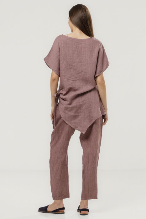 Bluza lunga din in cu colt si funda, roz prafuit inchis [4]