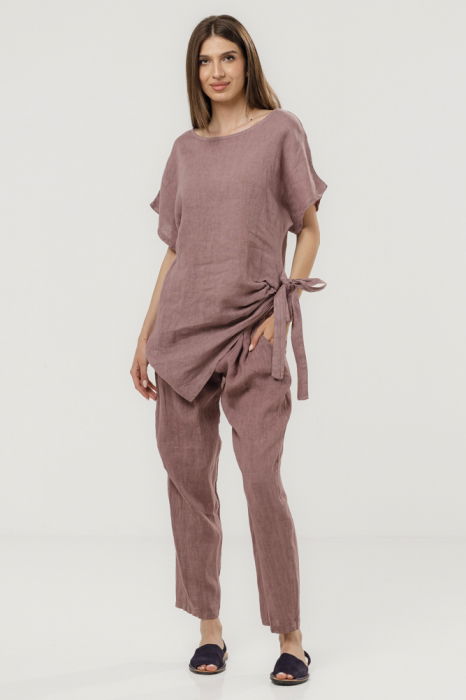 Bluza lunga din in cu colt si funda, roz prafuit inchis [2]