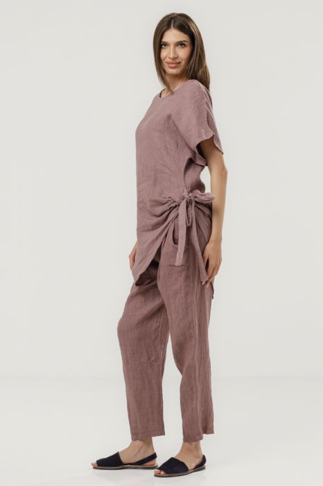 Bluza lunga din in cu colt si funda, roz prafuit inchis [3]