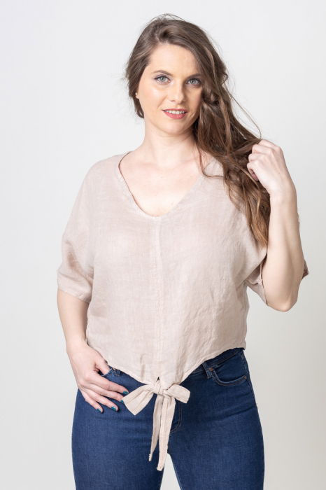 Bluza din in cu nod si decolteu in V, bej [5]