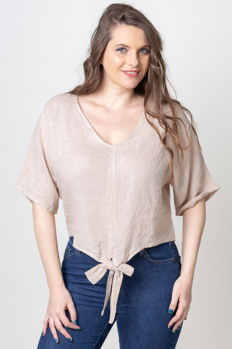 Bluza din in cu nod si decolteu in V, bej [1]