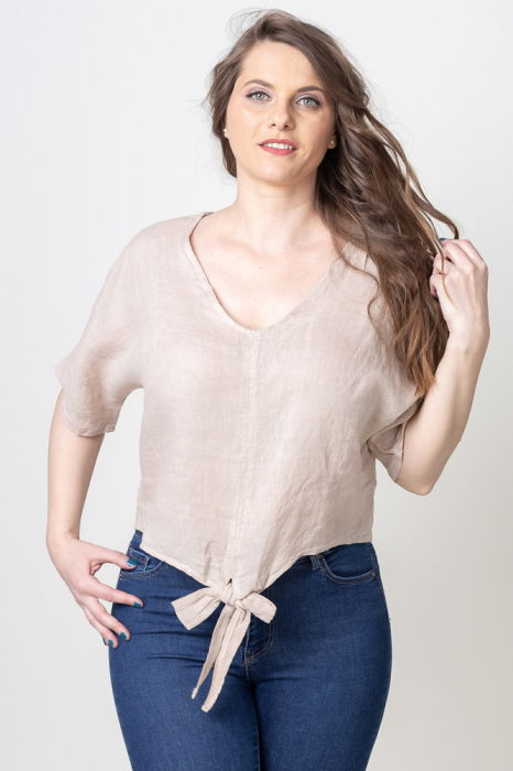 Bluza din in cu nod si decolteu in V, bej [4]