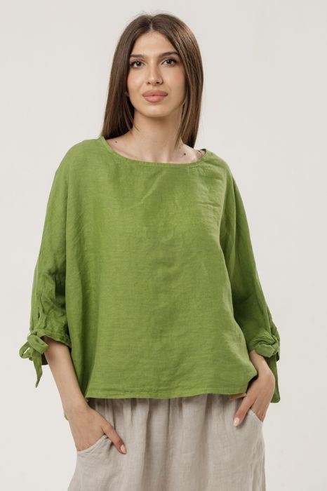 Bluza din in oversize, cu maneci fluture, cu funde, verde olive