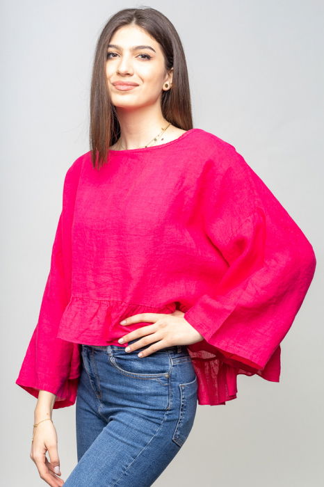 Bluza din in cu volanas, oversize, fucsia [2]
