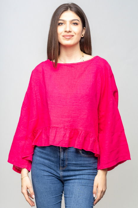 Bluza din in cu volanas, oversize, fucsia
