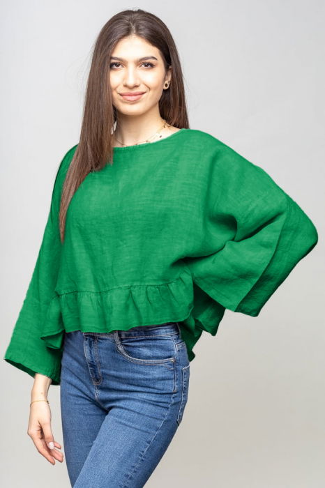 Bluza din in cu volanas, oversize, verde [2]