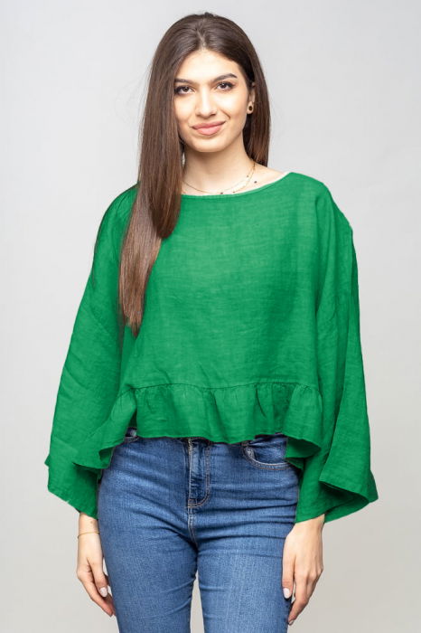 Bluza din in cu volanas, oversize, verde