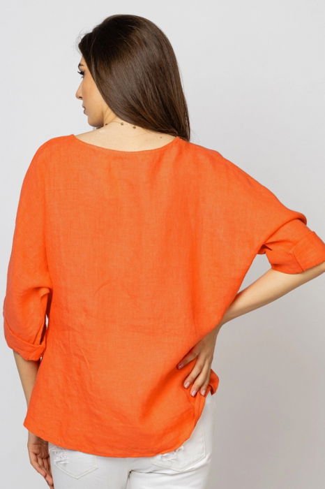 Bluza din in portocalie, masura mare cu nod pe talie [4]