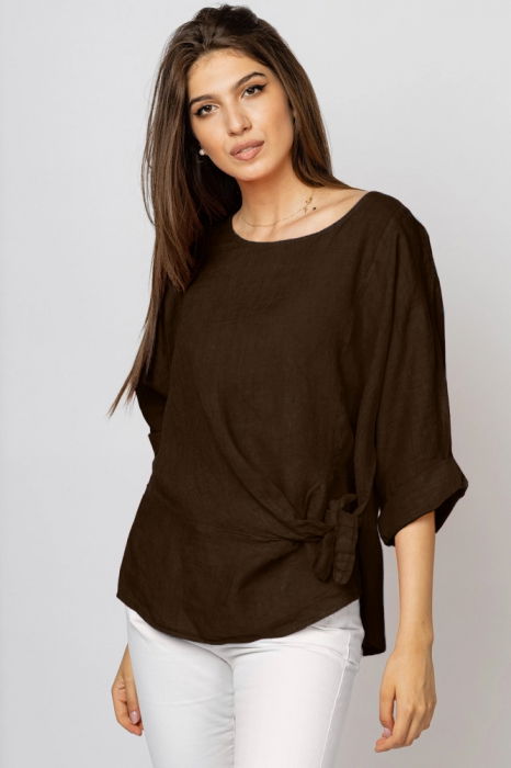 Bluza din in maro inchis masura mare cu nod pe talie [2]