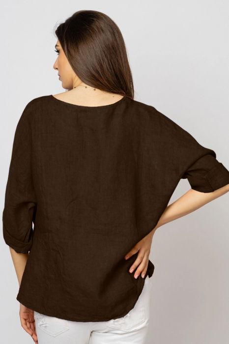 Bluza din in maro inchis masura mare cu nod pe talie [4]